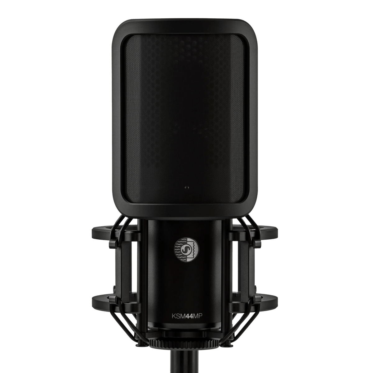 Shure KSM44MP front view with magnetic pop filter fitted