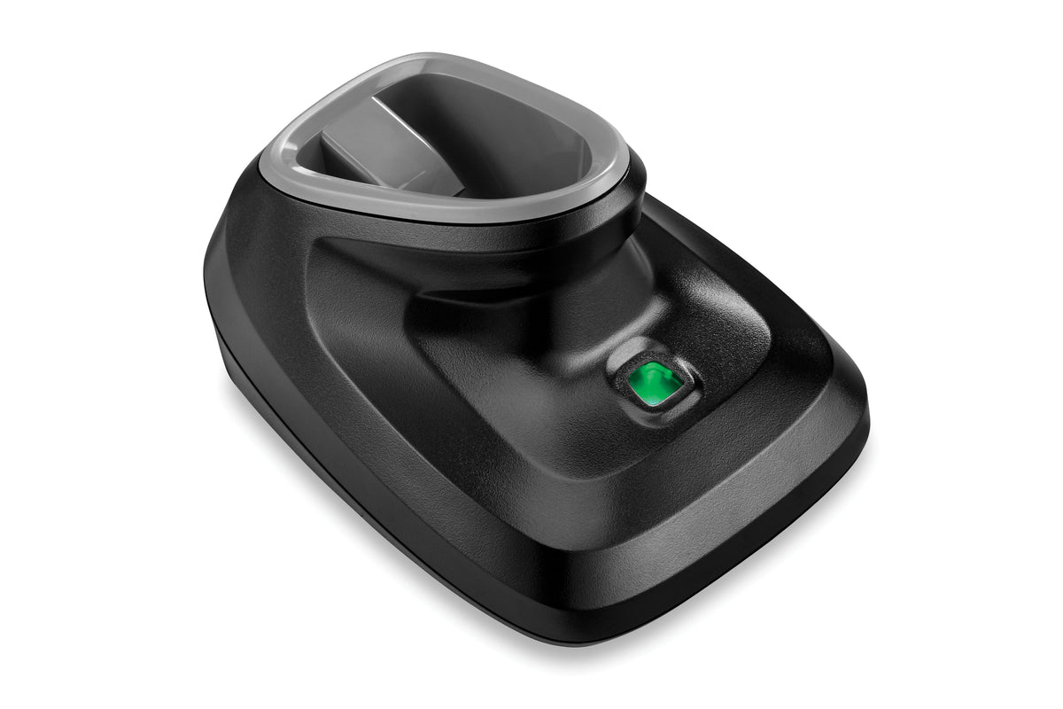 Zebra DS2278 barcode scanner, front right view, with cradle