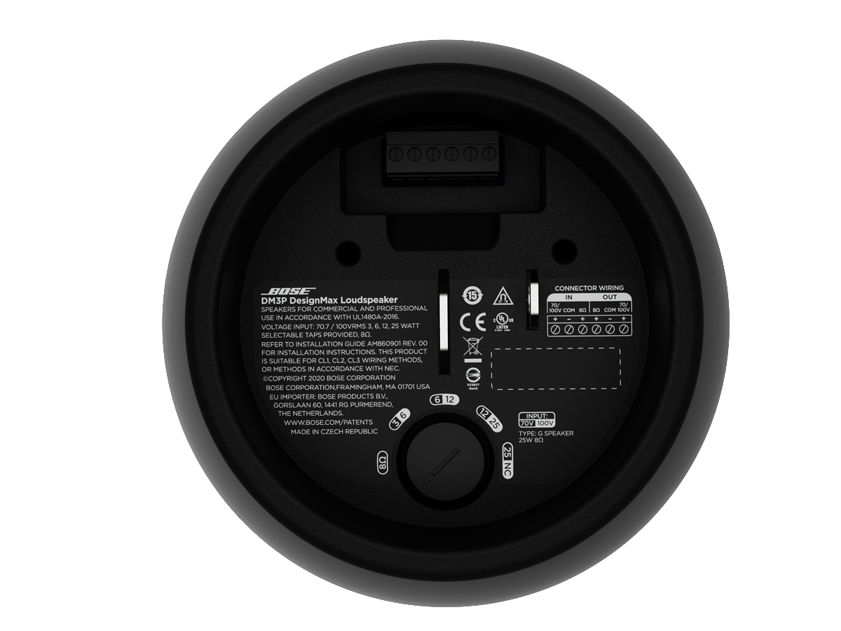 Bose DesignMax DM3P white pendant loudspeaker, top down view of the suspension point
