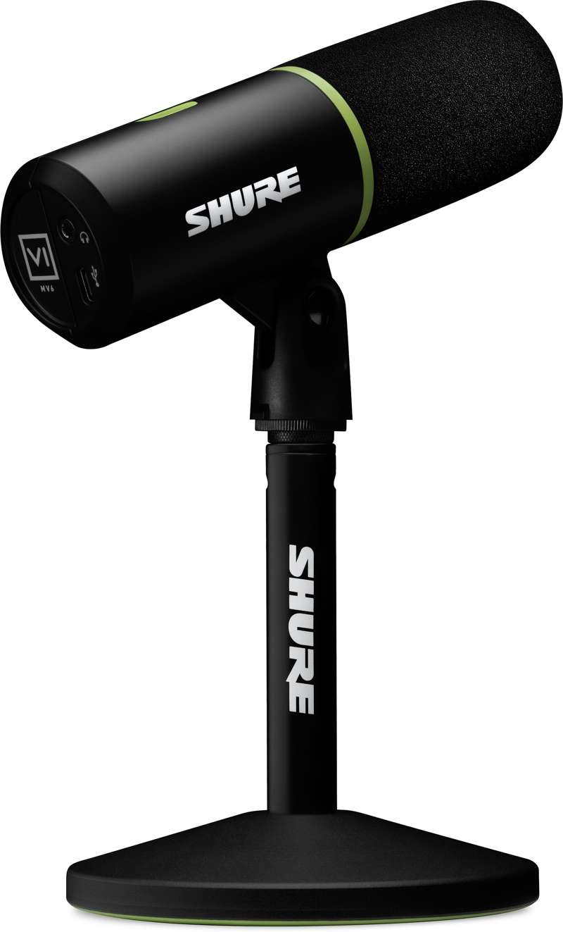 Shure MV6 microphone on the included round base desktop stand