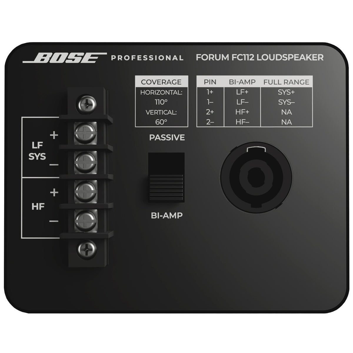 Bose Forum FC112 12 inch full range coaxial point source loudspeaker, close up of the rear connector panel