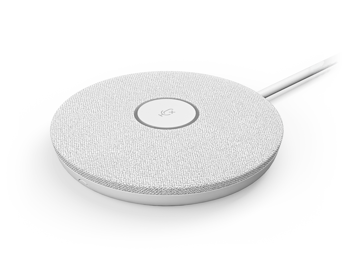 Logitech Rally Mic Pod in white with mute button and status indicator light, top view