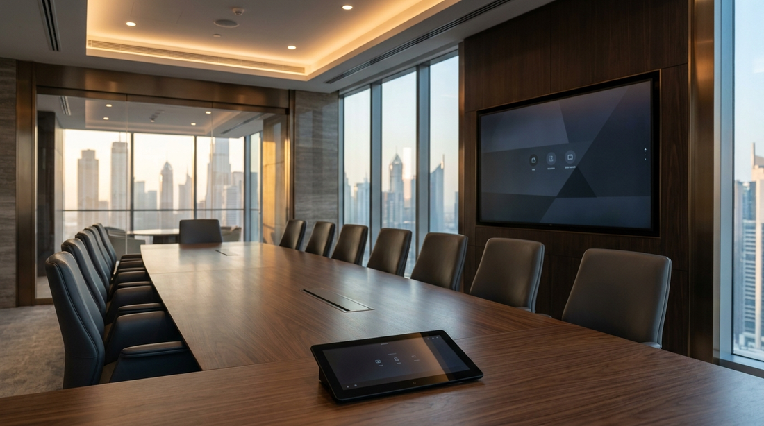 Modern executive boardroom in Dubai with a wall-mounted display and a touch control panel on the conference table, overlooking the city skyline.