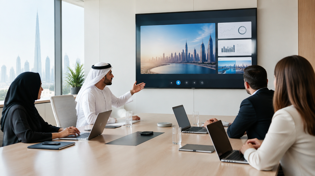 UAE corporate boardroom meeting with wireless presentation displayed on the front wall screen