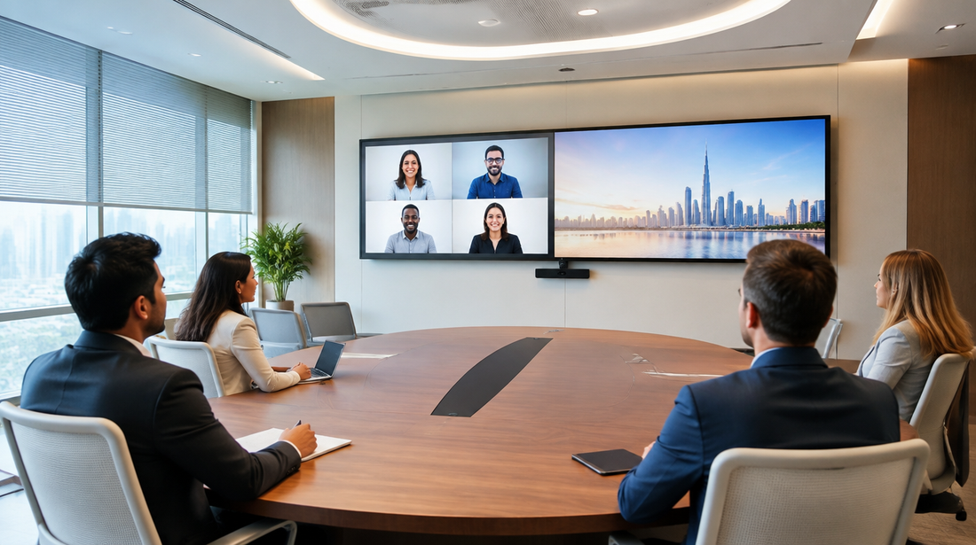 Microsoft Teams Signature Room with curved conference table and ultra-wide display in a Dubai office