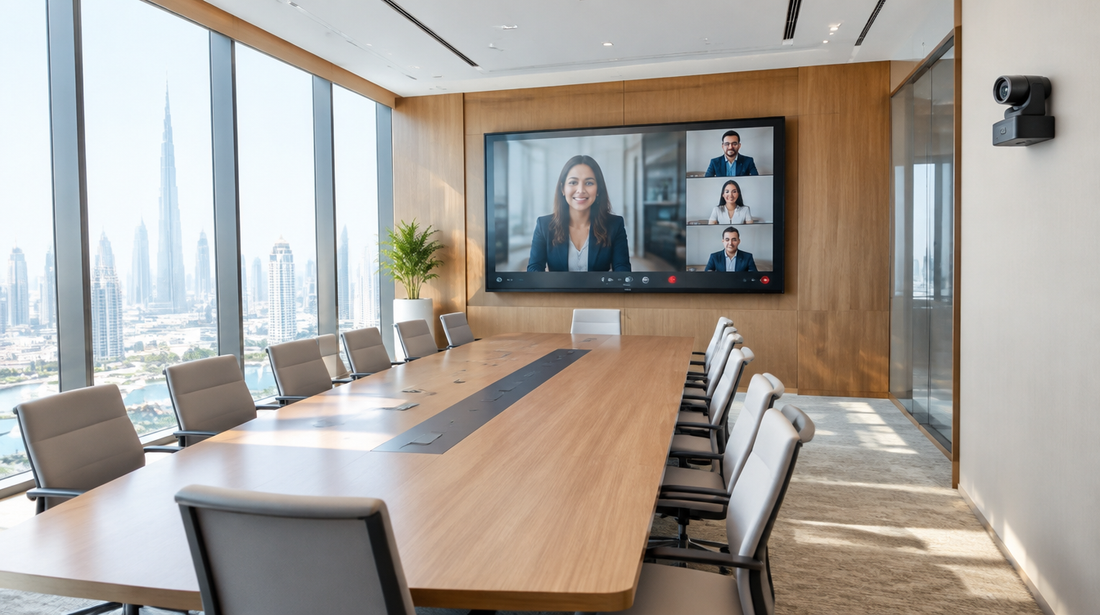 Large Dubai conference room with a wall-mounted PTZ camera facing a long table