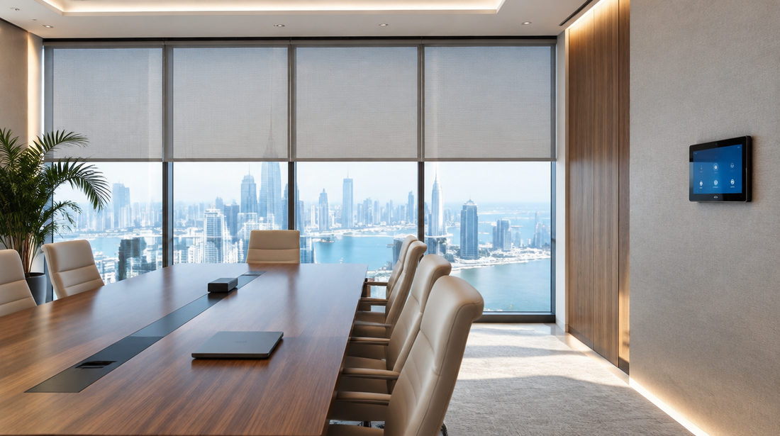 Smart corporate boardroom in Dubai with automated lighting and a wall-mounted control panel