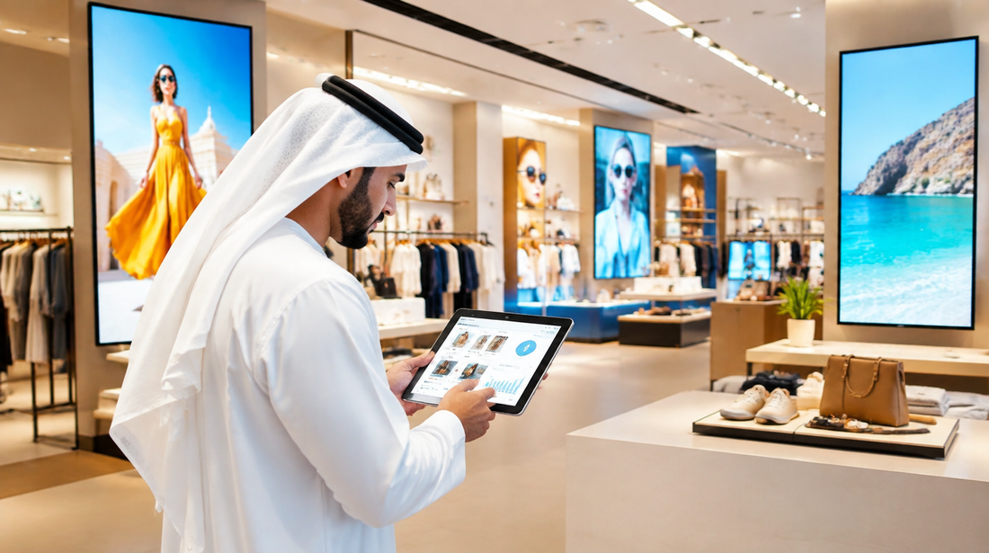 UAE retail store interior with digital signage displays and a manager reviewing content management on a tablet