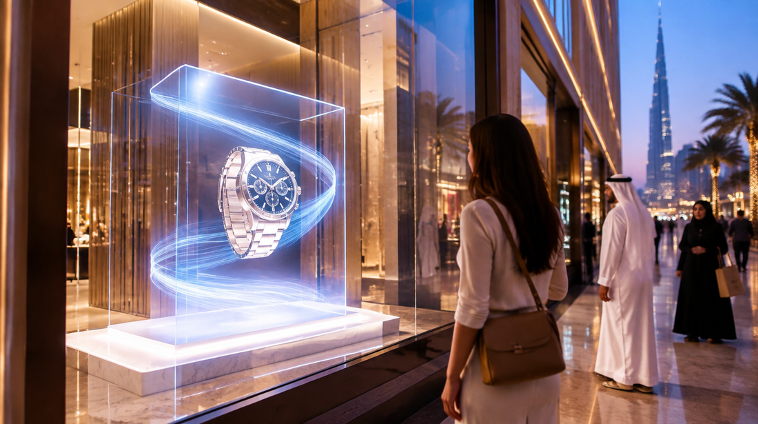 Luxury retail storefront window display in a UAE shopping district showing glowing 3D content
