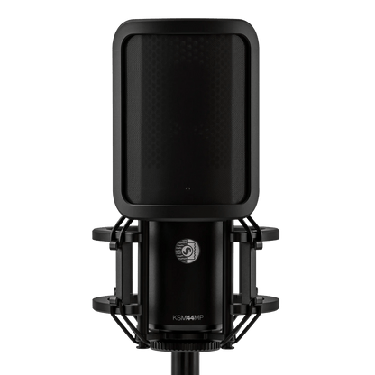 Shure KSM44MP front view with magnetic pop filter fitted