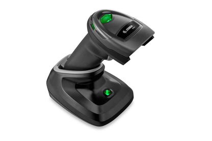 Zebra DS2278 barcode scanner, front right view, with cradle, black