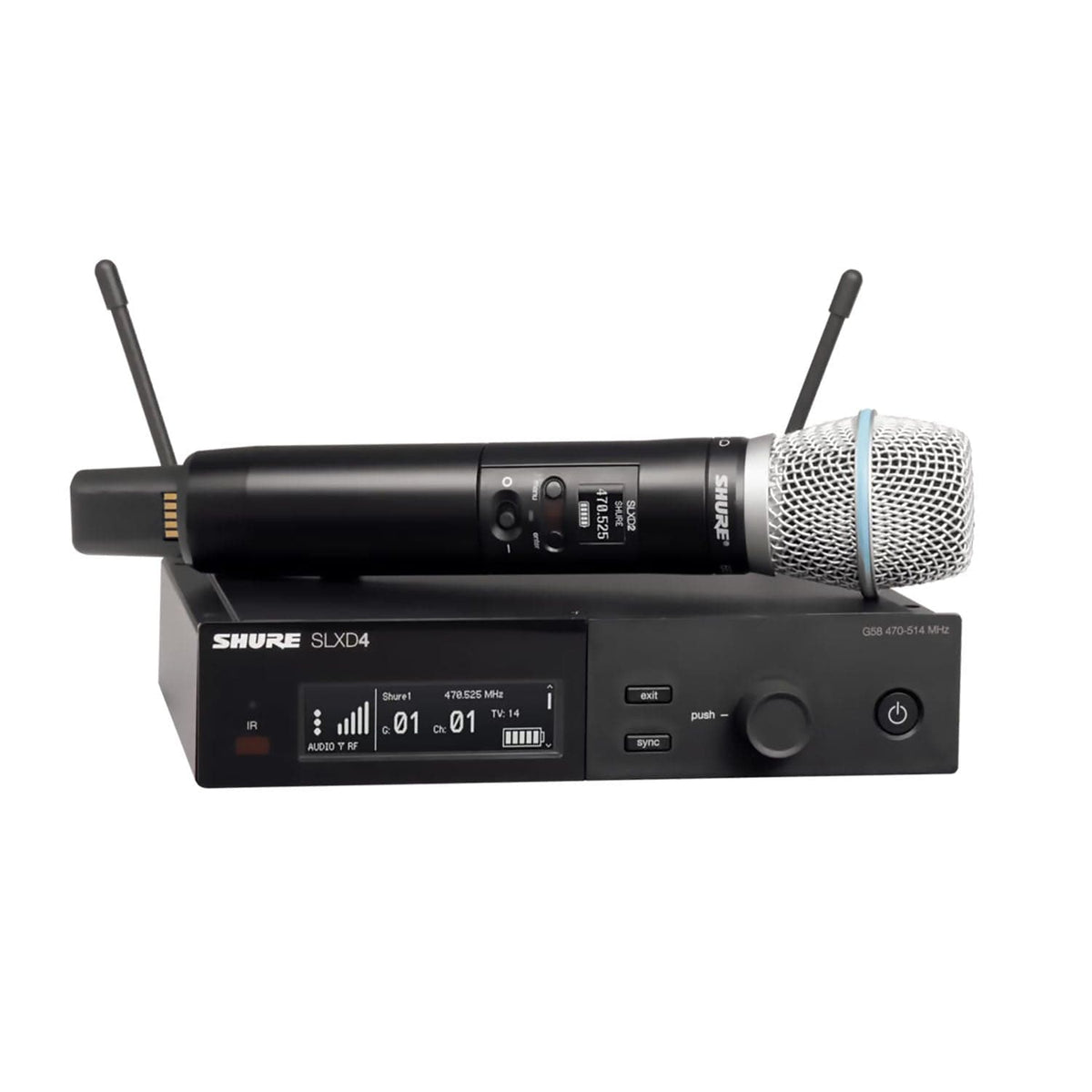 Shure SLXD2/B87C-G58 handheld transmitter LCD display and controls