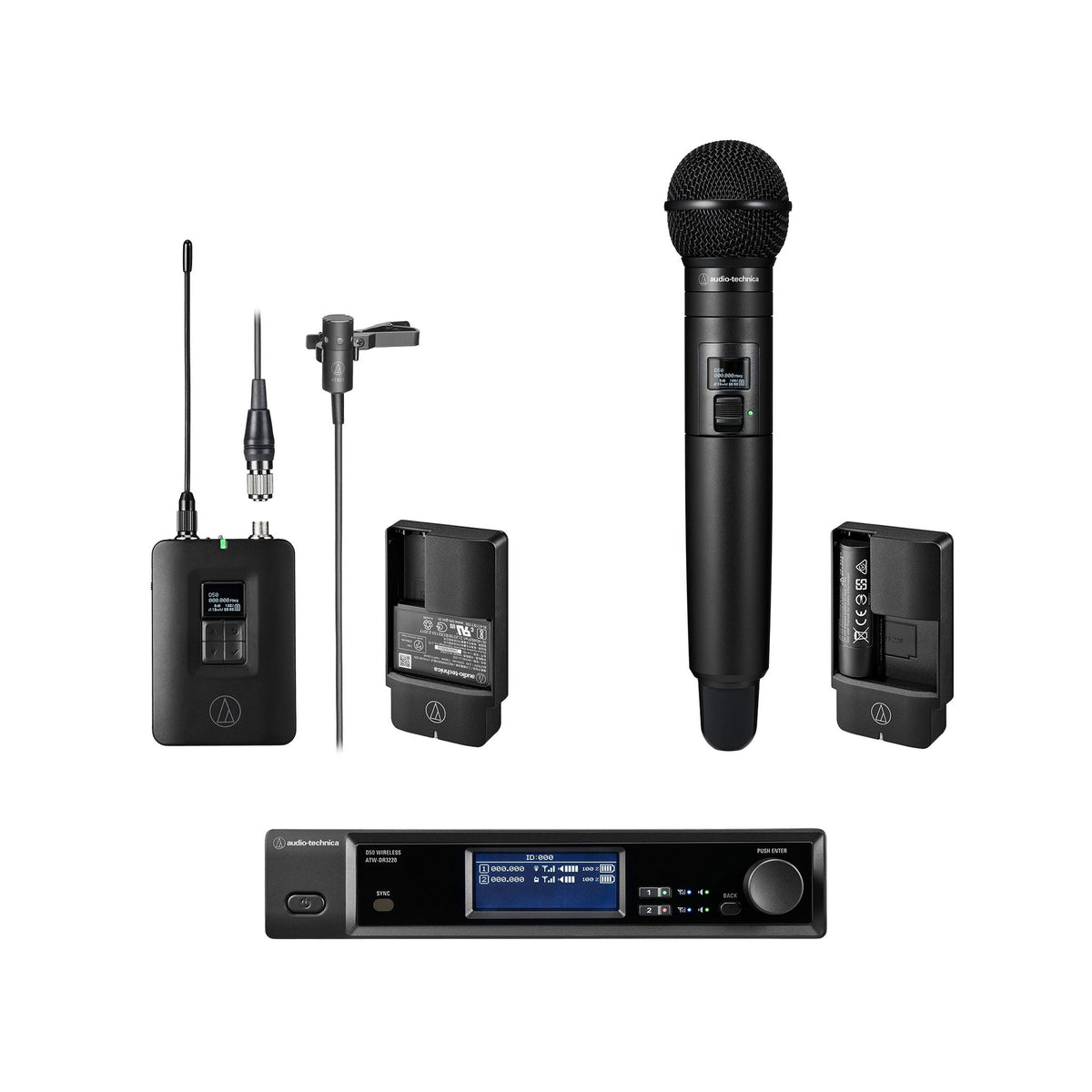 Audio-Technica ATW-D50-DRX-BLH 2-Person Wireless Cardioid Handheld/Lavalier Combo System, DF2 470 to 608 MHz product photo