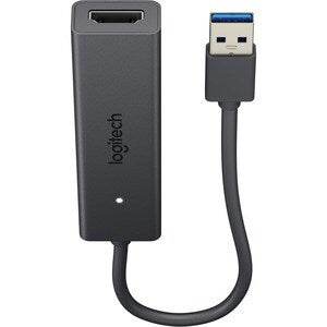 Logitech Screen Share adapter connected to a laptop HDMI port for content sharing