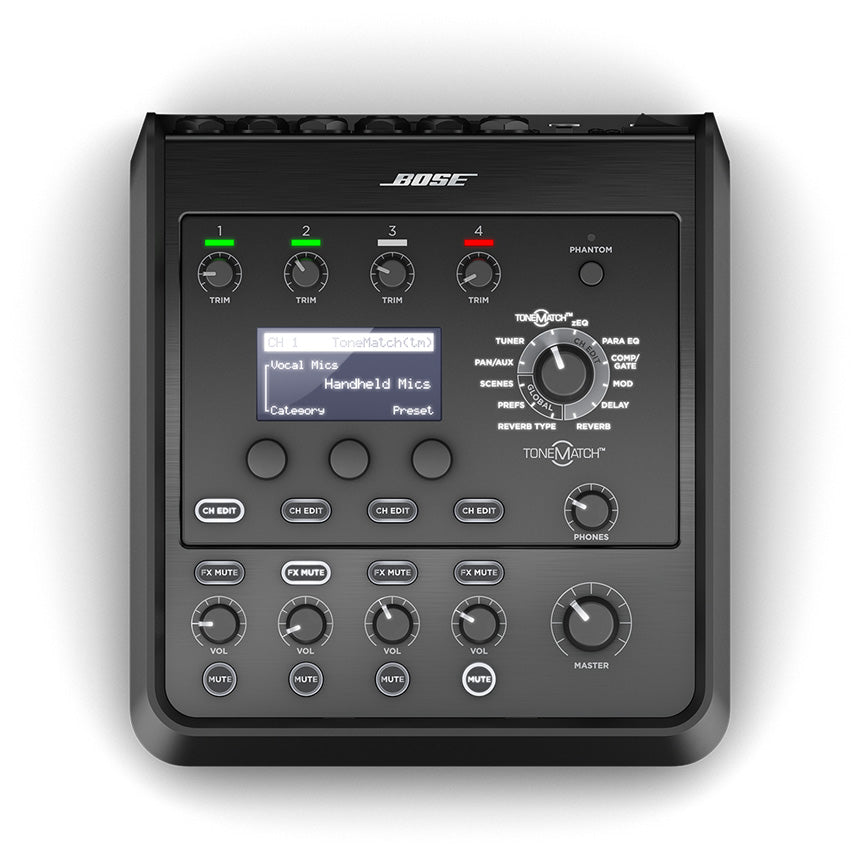 Bose T4S ToneMatch mixer top view showing 4 channel input controls and LED display