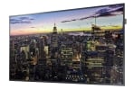 An industrial 55 inch Samsung QM55F multi-screen monitor displaying four synchronized 1080p security telemetry video feeds inside a corporate control center