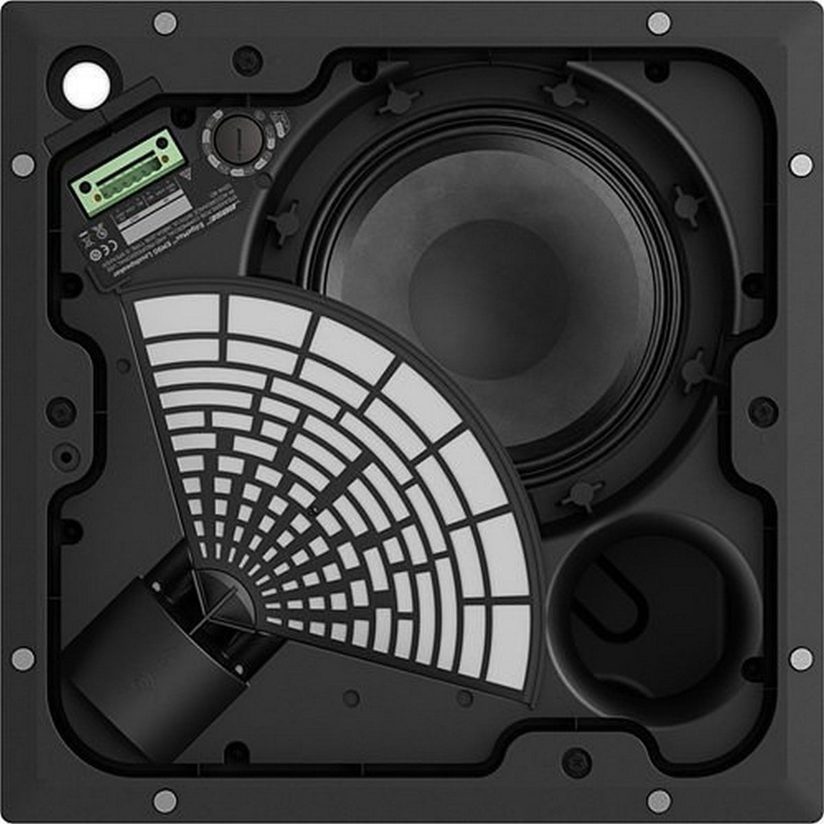Bose EdgeMax EM90 in-ceiling loudspeaker, open box, rear view of the PhaseGuide driver assembly