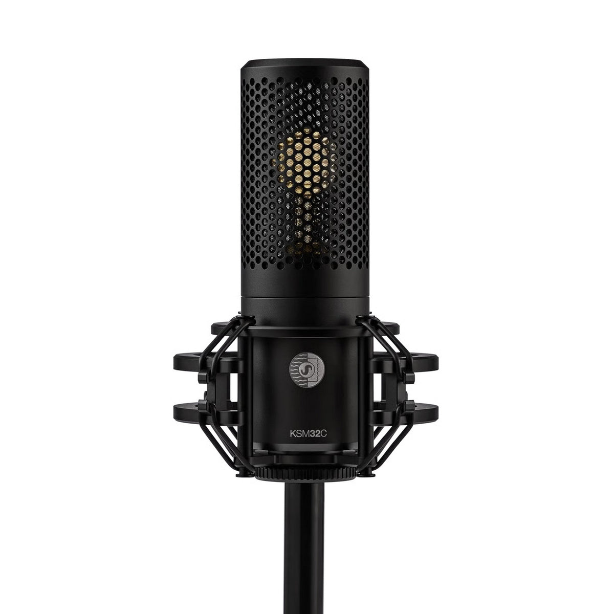 Shure KSM32C microphone in the included shock mount on a stand