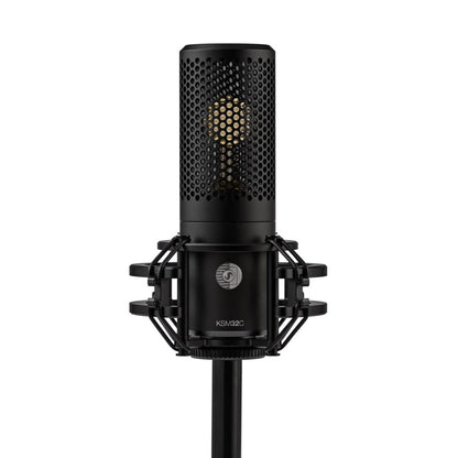 Shure KSM32C microphone in the included shock mount on a stand