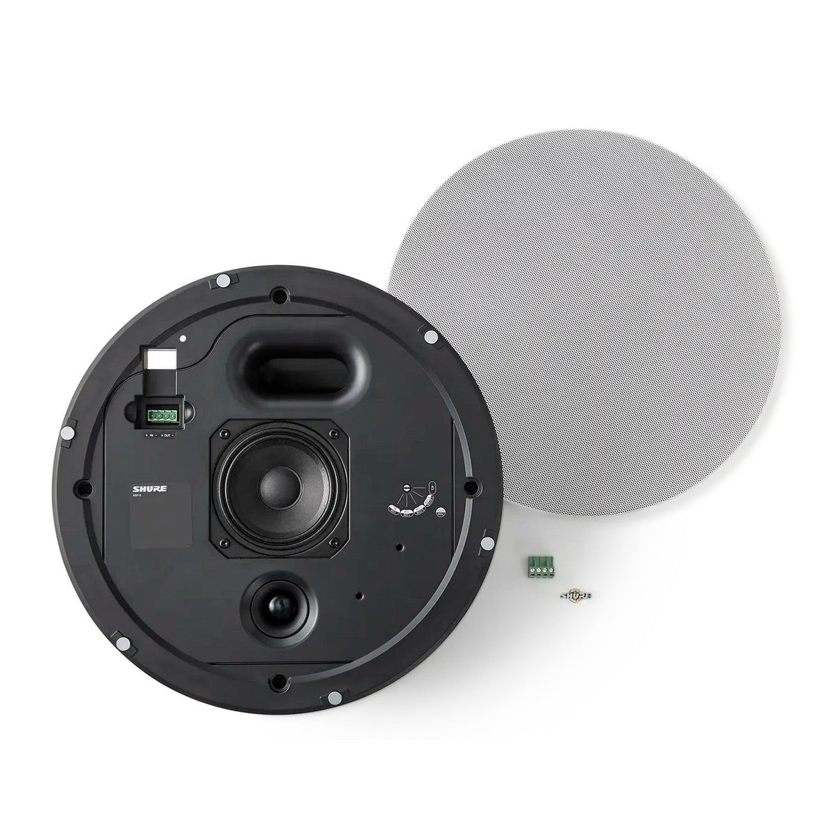 Shure MXP-5 with grille removed showing 4 inch driver and 1 inch tweeter