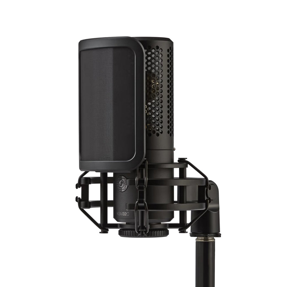 Shure KSM32C with magnetic pop filter attached in shock mount