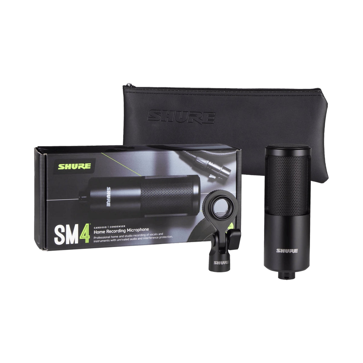 Shure SM4 retail box shown with the microphone and mount clamp