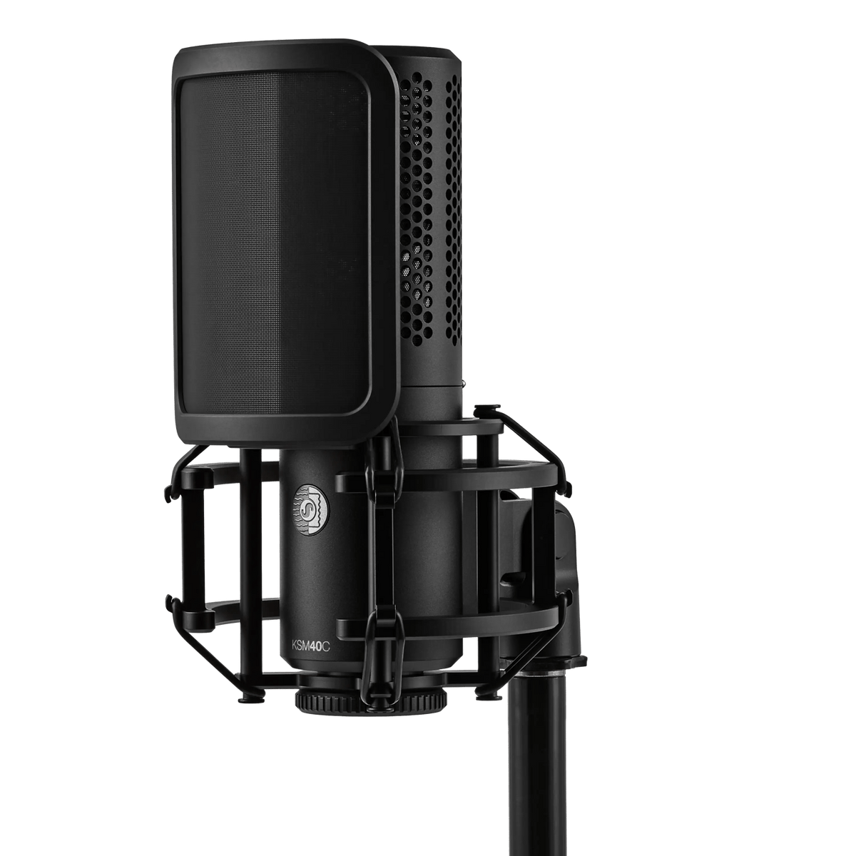 Shure KSM40C with pop filter attached in shock mount on a stand