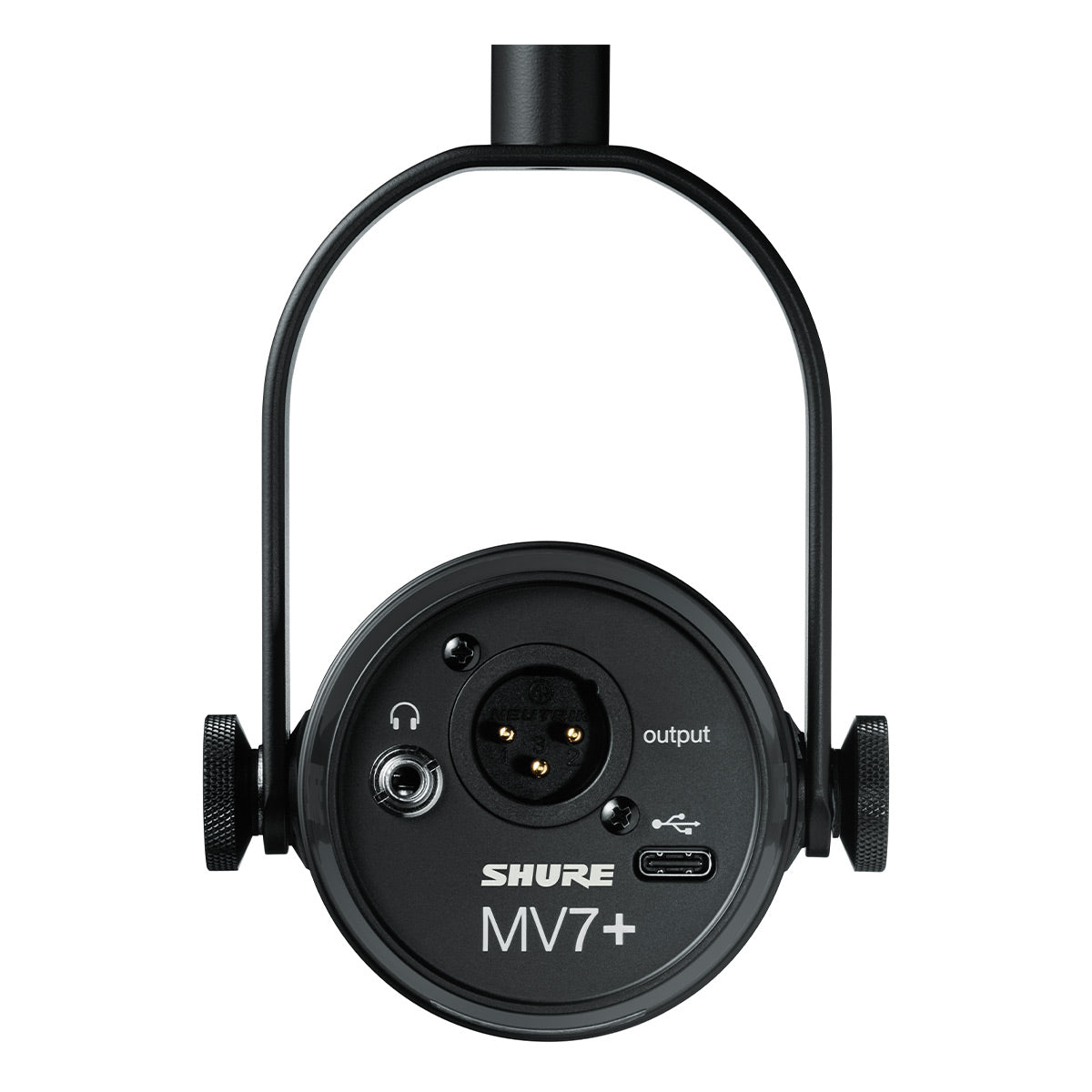 Shure MV7+ rear panel with XLR output, USB-C and headphone jack