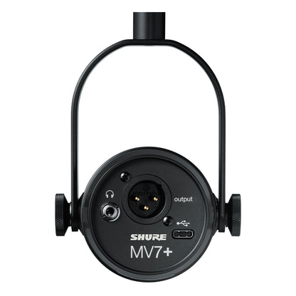 Shure MV7+ rear panel with XLR output, USB-C and headphone jack