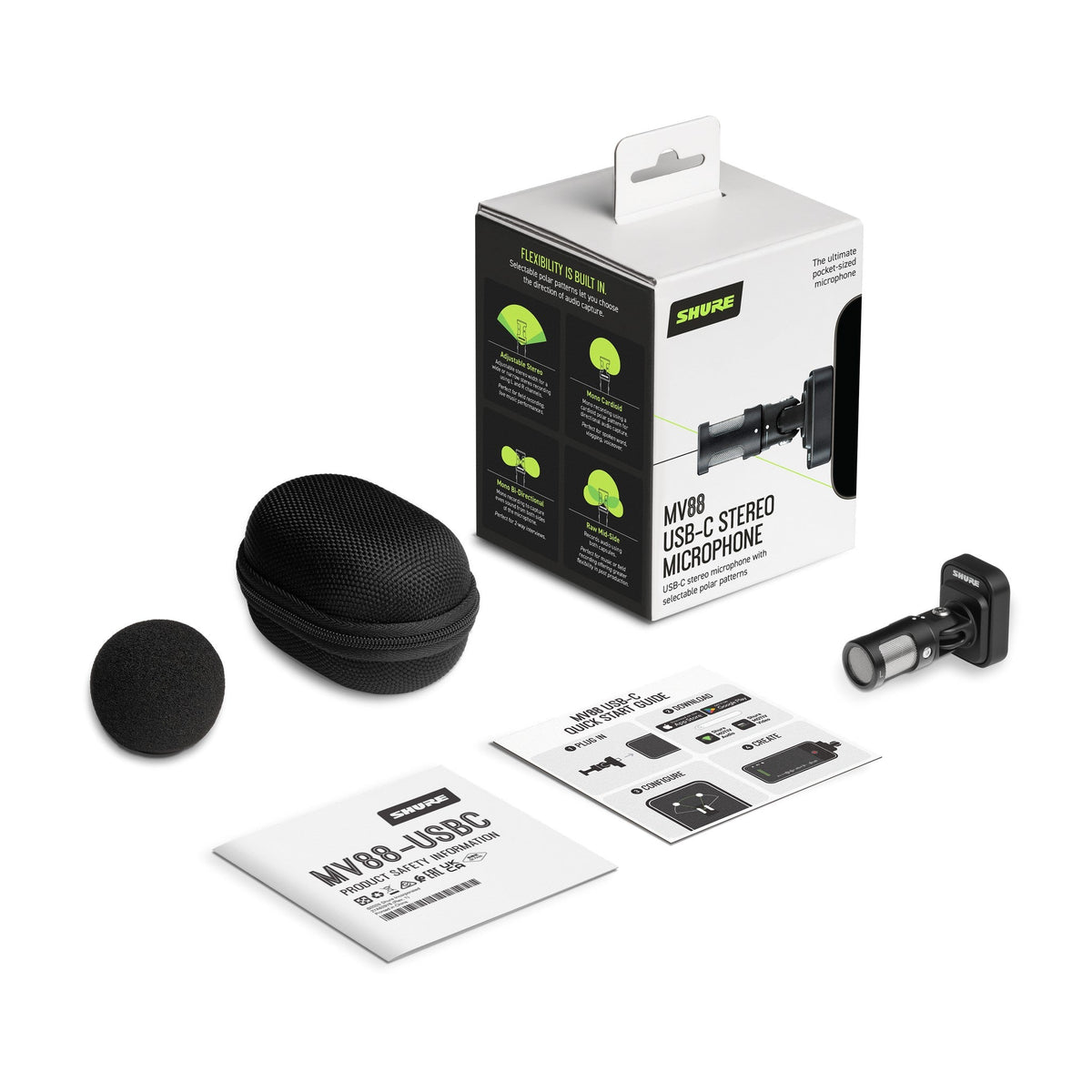 Shure MV88 USB-C box contents with windscreen and carry case