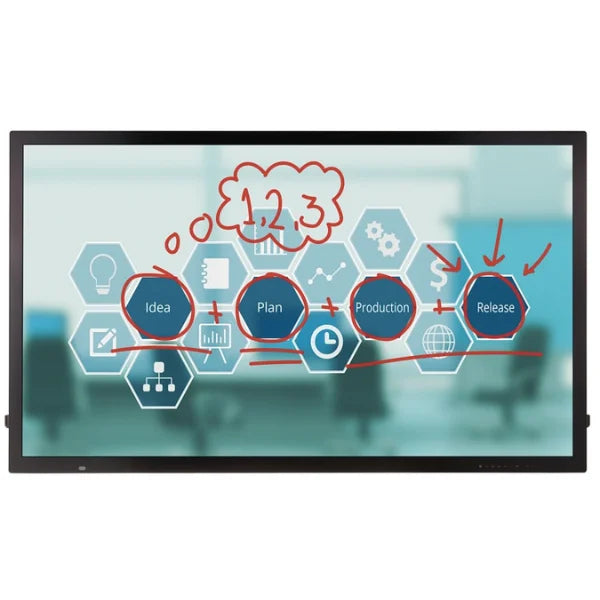 LG 65TC3D 65 inch Full HD Interactive Digital Board front view with P-Cap touch showing a collaborative presentation in a modern workspace
