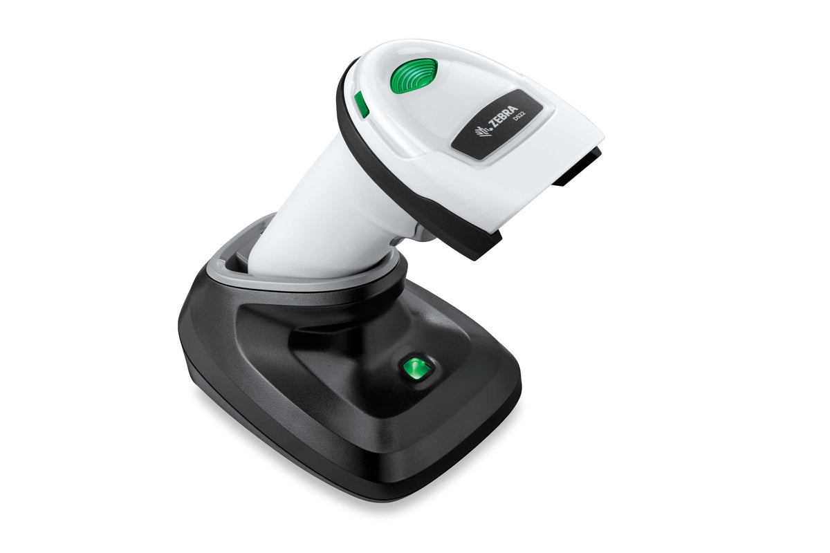 Zebra DS2278 barcode scanner, front right view, with cradle, white