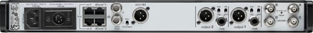 Shure AD4D-DC-A rear panel with XLR, AES3 and Ethernet connections