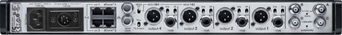 Shure AD4Q-DC-A rear panel with antenna and Dante network connections