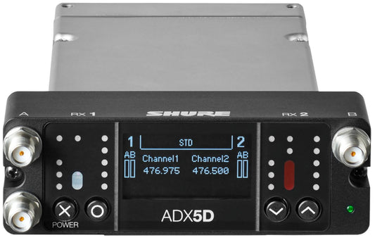 Shure ADX5DUS-A dual-channel portable Axient Digital receiver front panel with OLED display