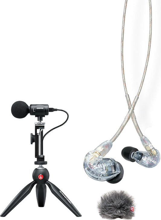 Shure MV88+SE215-CL portable videography kit with MV88+ microphone and SE215 earphones, main product view