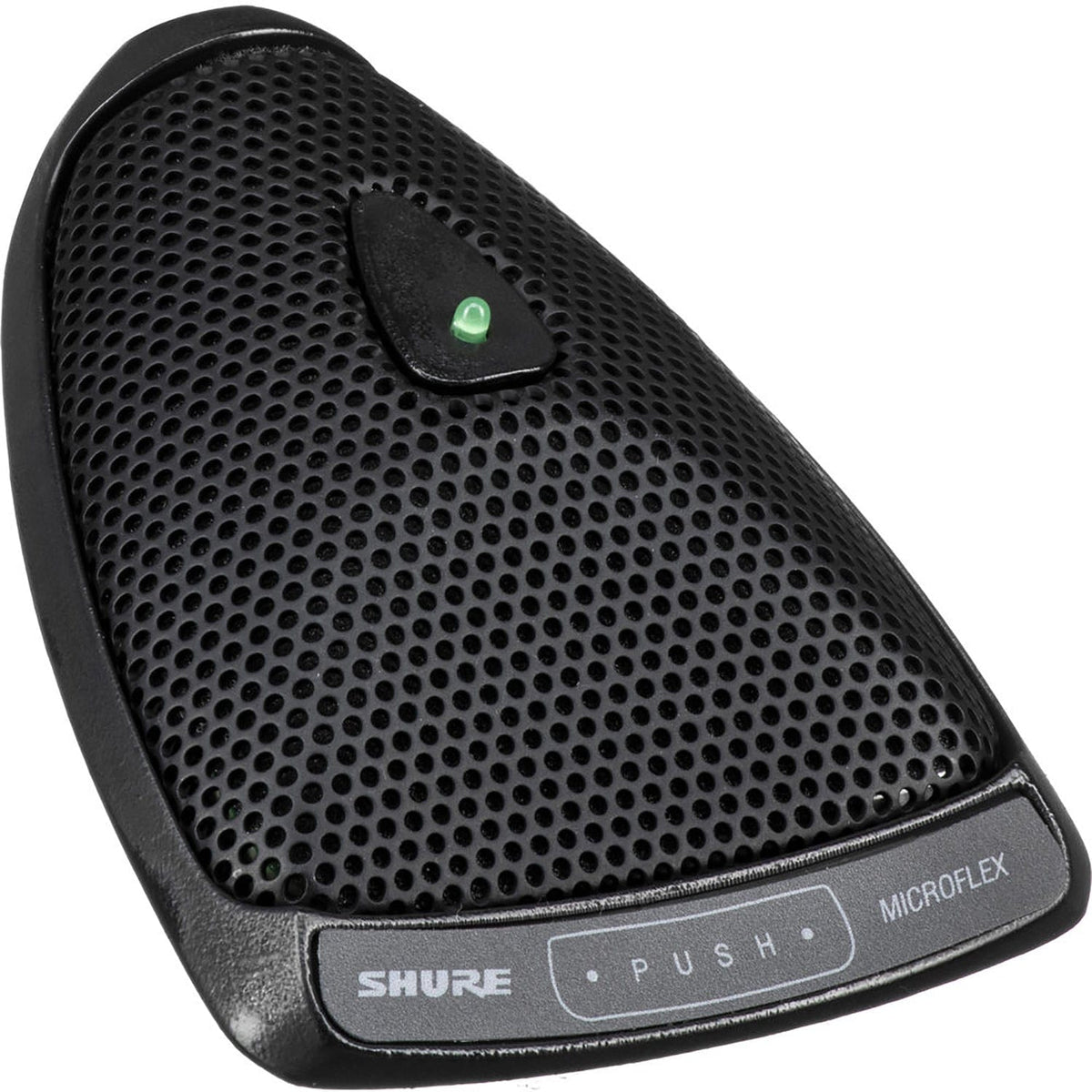 Shure MX393 boundary microphone angled view showing green LED status indicator and Microflex push mute button