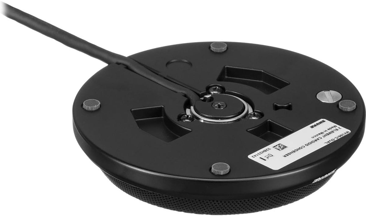 Shure MX396 boundary microphone underside showing mounting screws, cable channel, and model label
