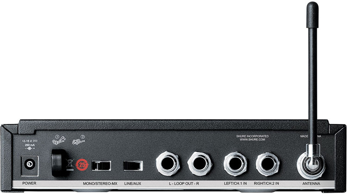 Shure P3T-H20 transmitter rear connector panel and antenna