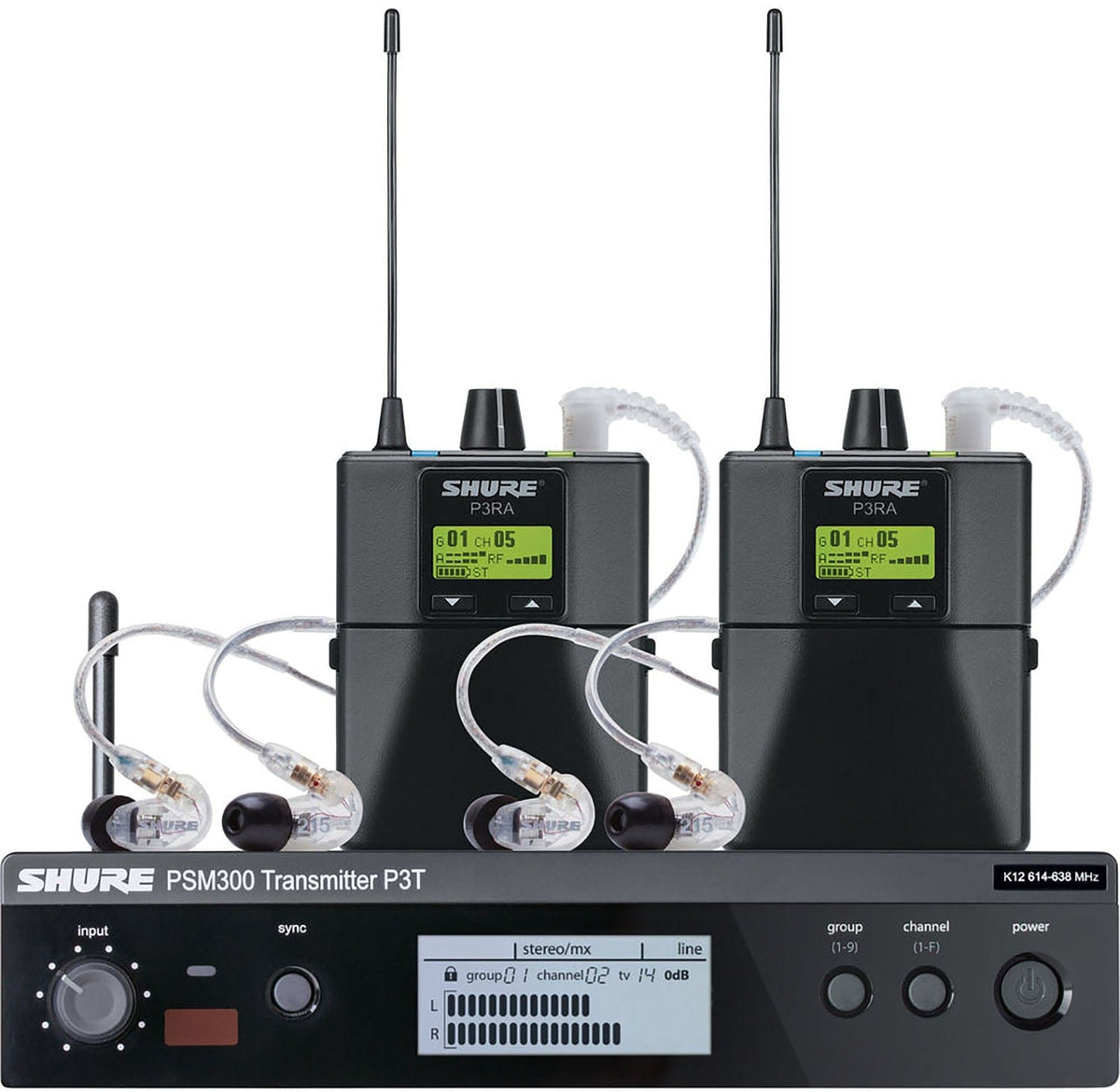 Shure P3TRA215TWP-J13 PSM300 Twinpack Pro monitoring system with transmitter, two bodypacks and SE215 earphones, product view