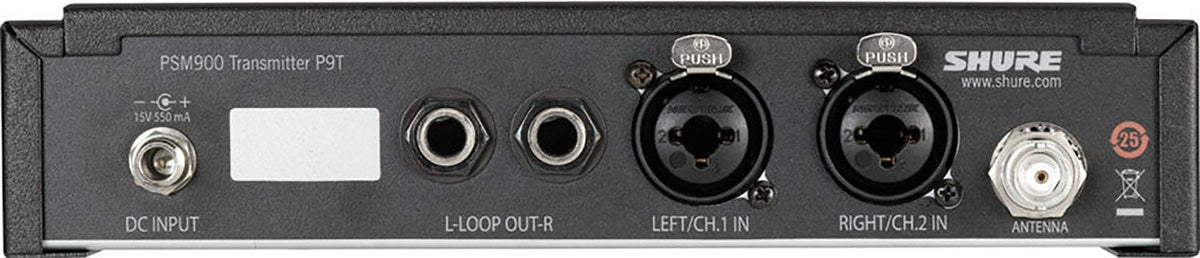 Shure P9T-G7 PSM900 transmitter rear panel with antenna and connectors