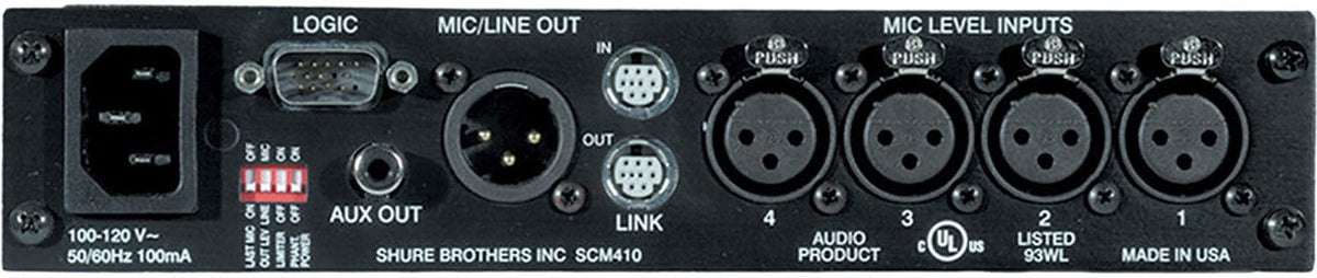 Shure SCM410 automatic mixer rear panel with XLR connectors