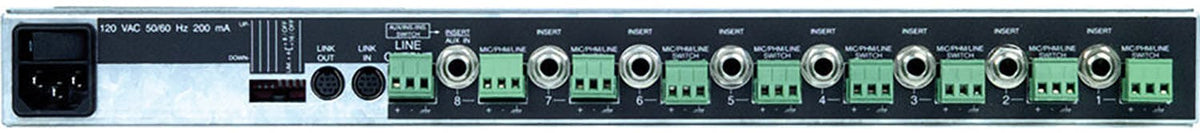 Shure SCM800 microphone mixer rear panel with block terminal connectors