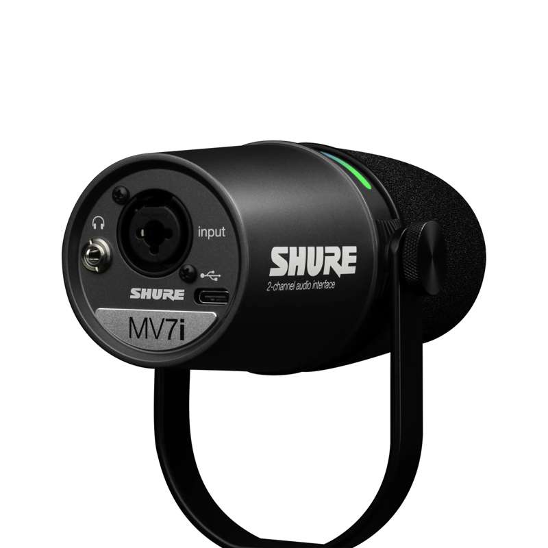 Shure MV7i rear panel with combo XLR and 1/4 inch input, USB-C and headphone jack