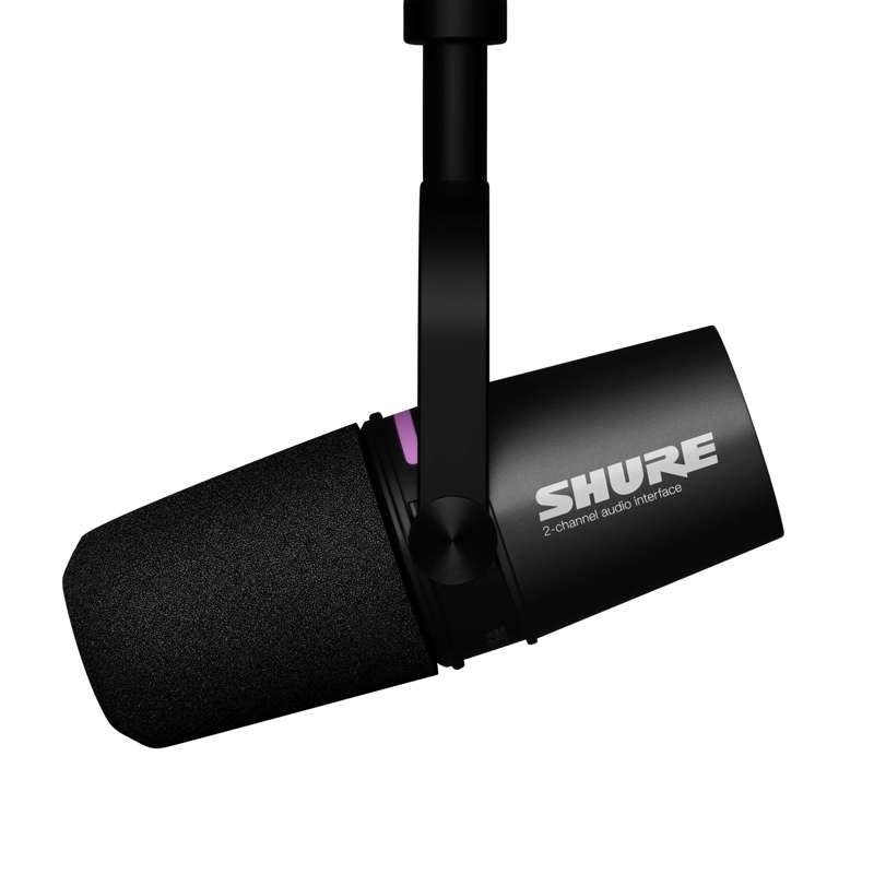 Shure MV7i smart microphone and interface side view on yoke