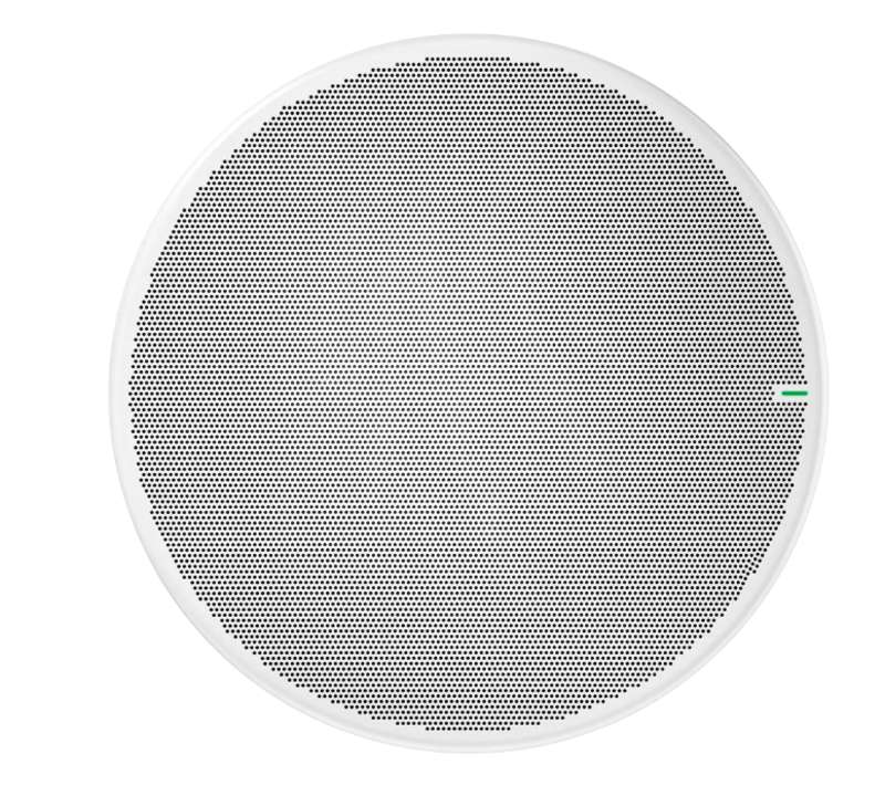 Shure MXA925W-R white round AI ceiling array microphone, front grille view