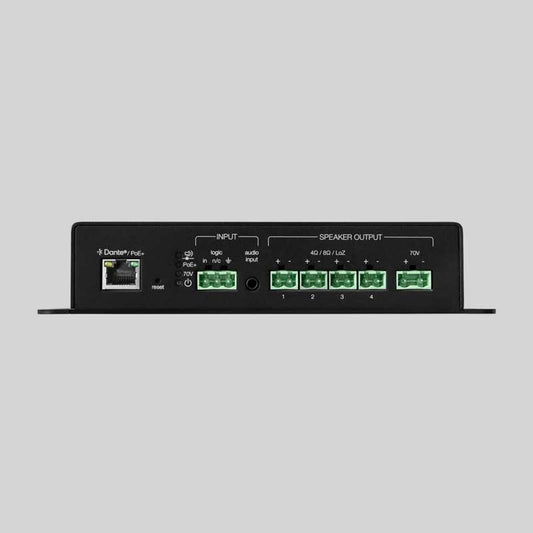 Shure MXN-AMP front panel with Dante PoE port and speaker outputs