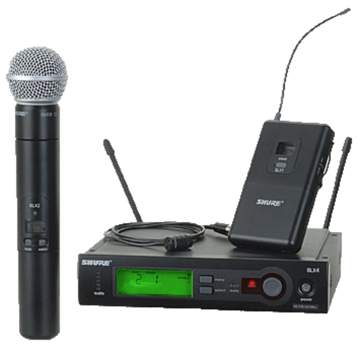 Shure SLX4 H5 used package with single receiver, SLX1 beltpack and SLX2 SM58 handheld transmitter