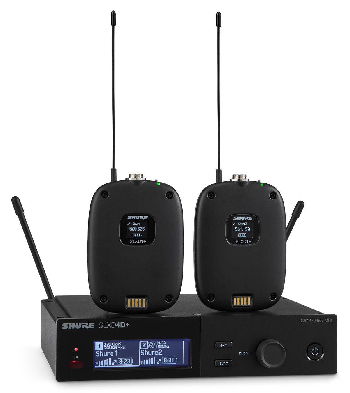 Shure SLXD14D+ G57 dual-channel digital wireless system with SLXD4D+ receiver and two SLXD1+ bodypacks