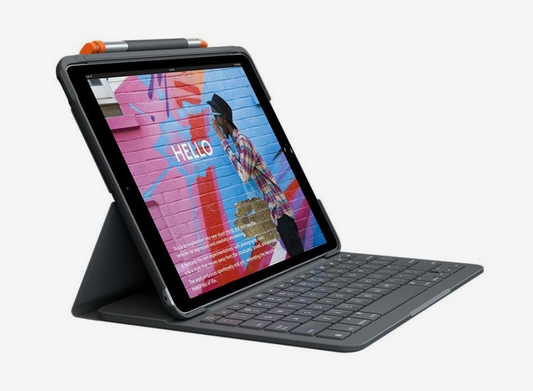 Logitech Slim Folio graphite keyboard case attached to a 10.2 inch iPad, front view